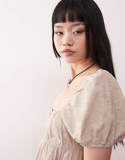 Monki Linen Puff Sleeve Mini Dress In Beige Exclusive To ASOS