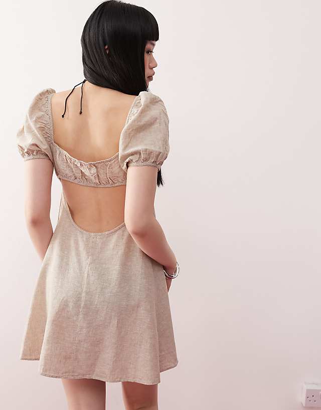 Monki Linen Puff Sleeve Mini Dress In Beige Exclusive To ASOS