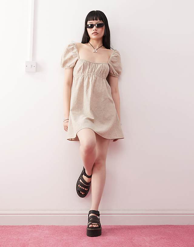 Monki Linen Puff Sleeve Mini Dress In Beige Exclusive To ASOS