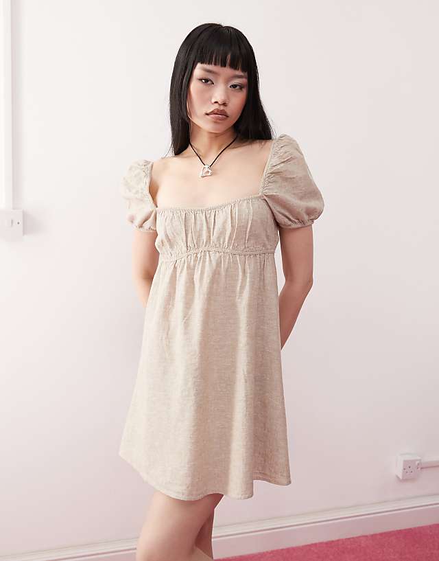 Monki linen puff sleeve mini dress in beige exclusive to ASOS
