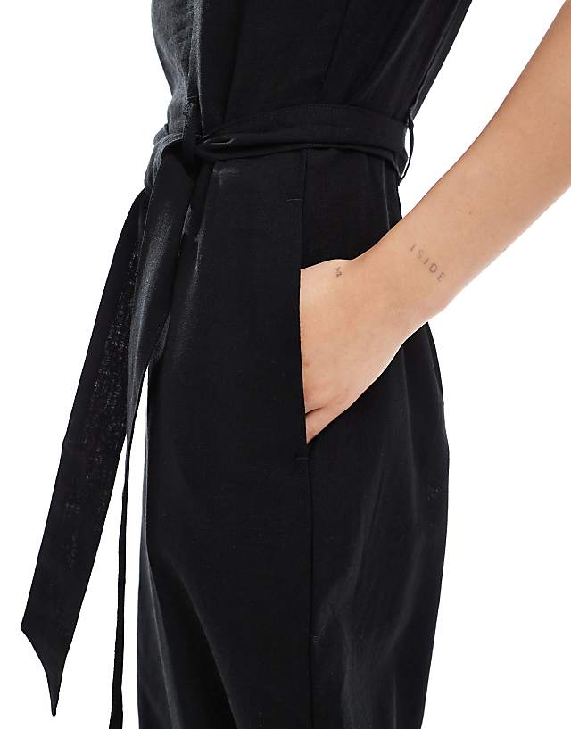 Monki Linen Sleeveless Jumpsuit With Tie Belt Detail In Black