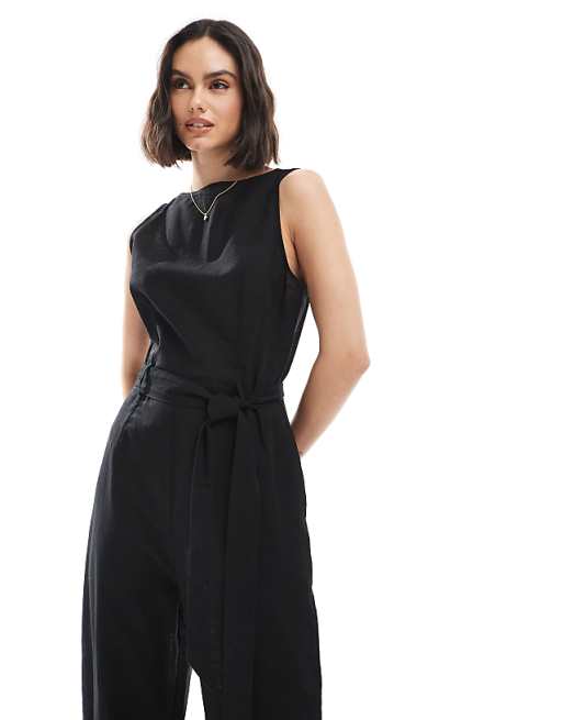 Monki Linen Sleeveless Jumpsuit With Tie Belt Detail In Black