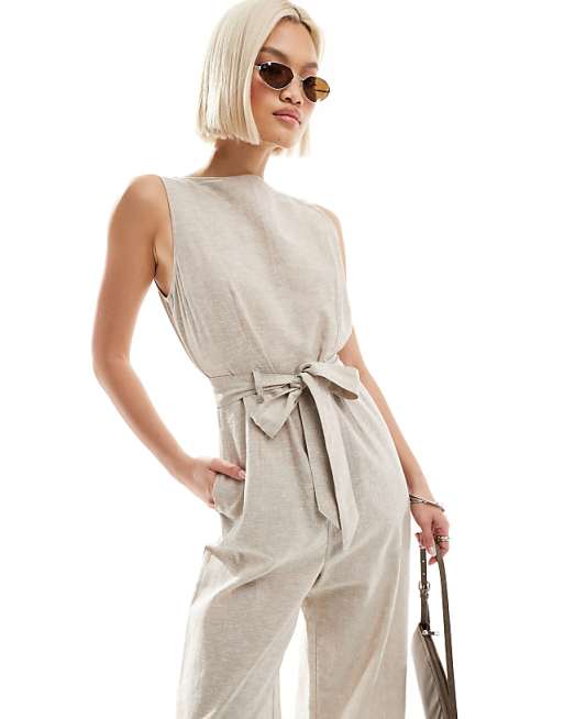 Monki Linen Sleeveless Jumpsuit With Tie Belt Detail In Beige