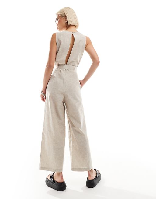 Monki Linen Sleeveless Jumpsuit With Tie Belt Detail In Beige