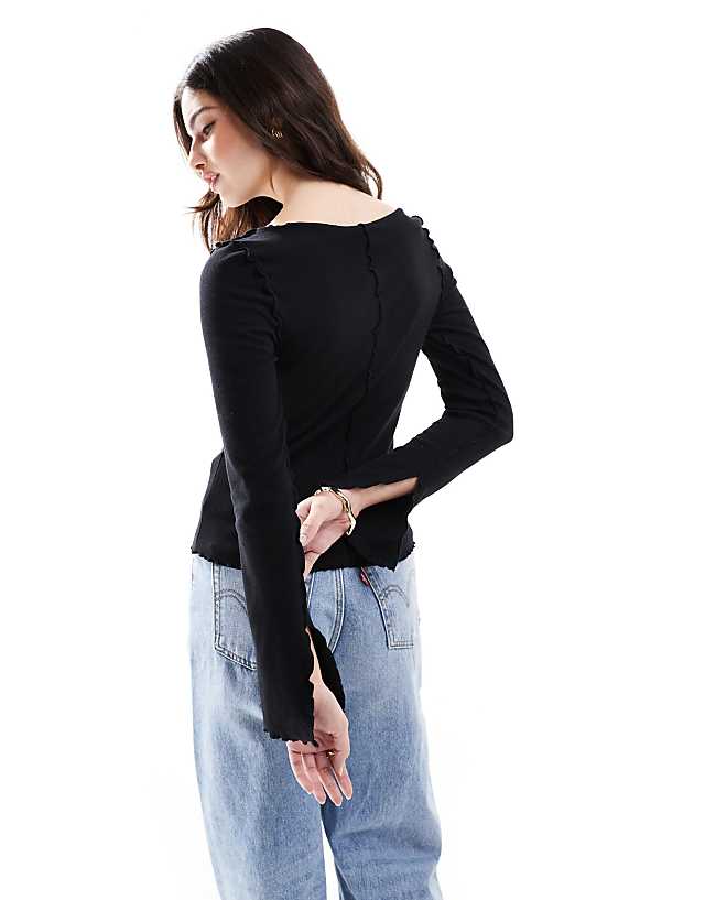 Monki Overlock Seam Detail Ribbed Jersey Top In Black