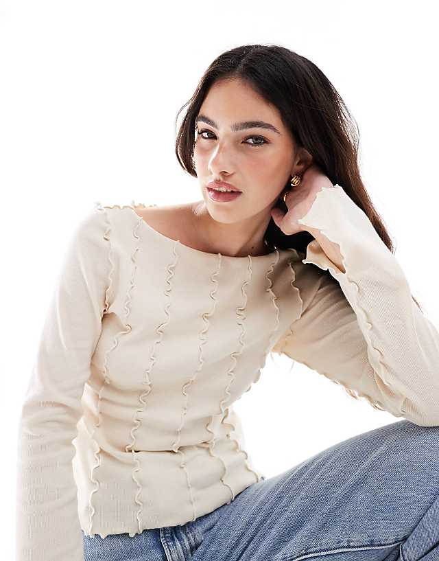 Monki Overlock Seam Detail Ribbed Jersey Top In Light Beige