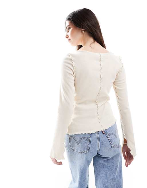 Monki Overlock Seam Detail Ribbed Jersey Top In Light Beige