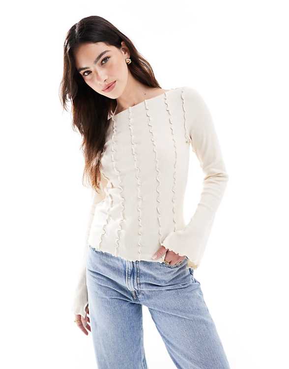 Monki overlock seam detail ribbed jersey top in light beige