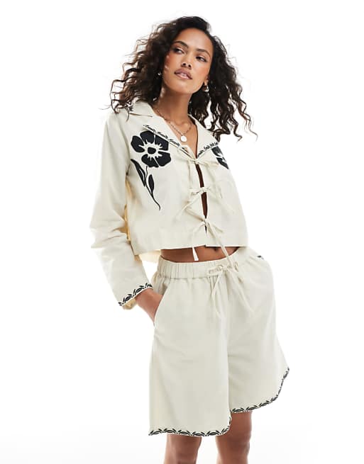 Native Youth embroidered edge linen co-ord in stone - STONE