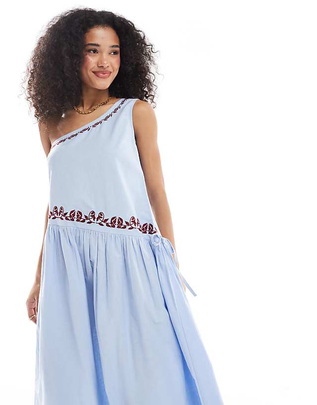 Native Youth Embroidered One Shoulder Linen Midaxi Dress In Sea Blue