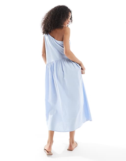 Native Youth Embroidered One Shoulder Linen Midaxi Dress In Sea Blue
