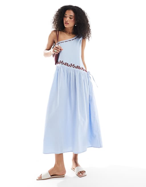 Native Youth embroidered one shoulder linen midaxi dress in sea blue