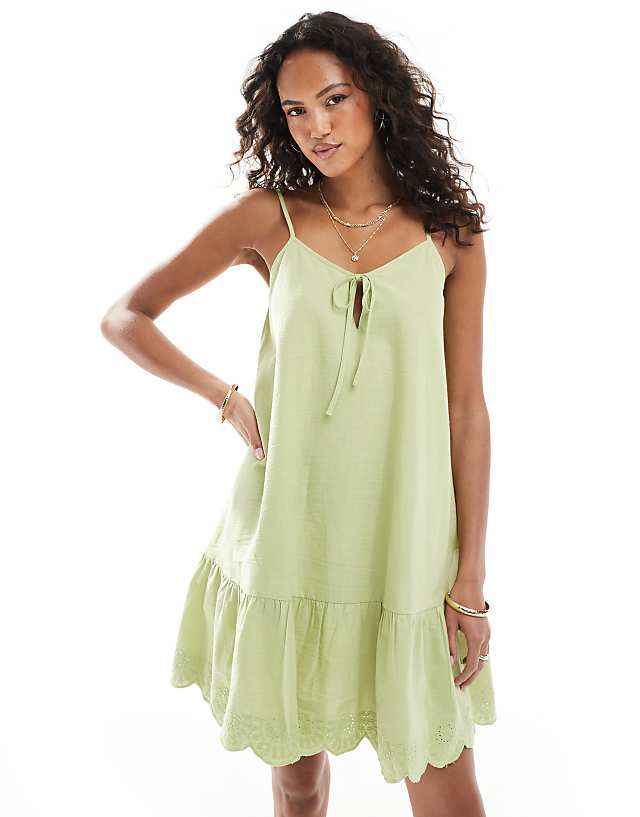 Native Youth linen cami mini dress in sage green