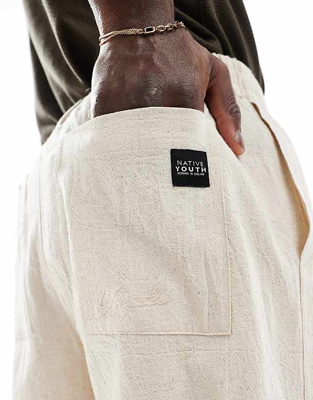 Native Youth Relaxed Linen Trousers With Cornelli Embroidery Co-ord In Cream
