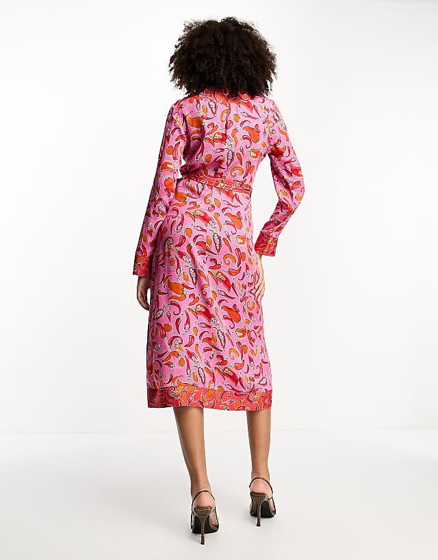 Never Fully Dressed Contrast Wrap Midi Dress In Pink And Red Chilli Print