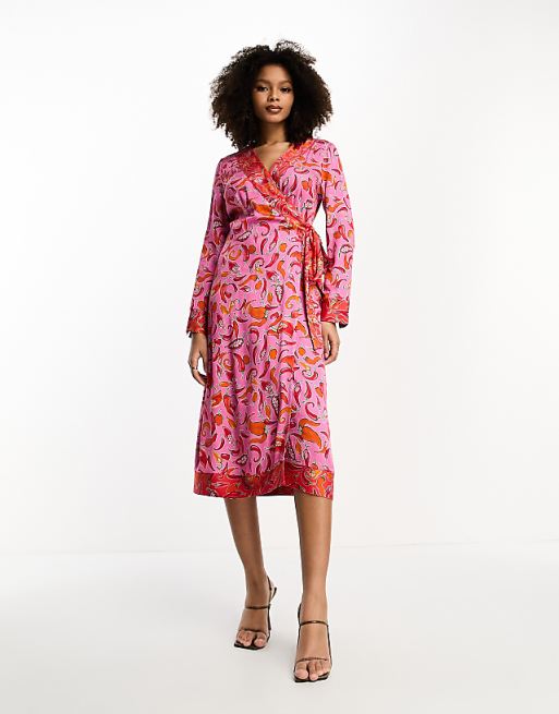 Never Fully Dressed Contrast Wrap Midi Dress In Pink And Red Chilli Print
