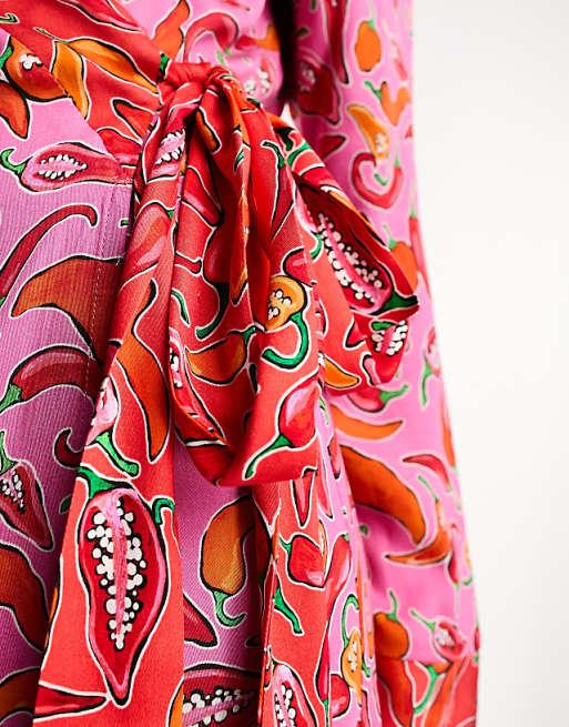Never Fully Dressed Contrast Wrap Midi Dress In Pink And Red Chilli Print