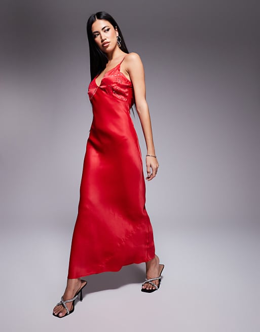 Never Fully Dressed embellished hotfix satin maxi dress in red