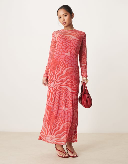 Never Fully Dressed Petite Long Sleeve Mesh Midaxi Dress In Red And Pink