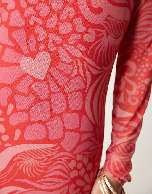 Never Fully Dressed Petite Long Sleeve Mesh Midaxi Dress In Red And Pink