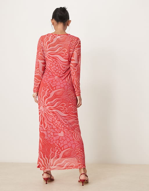 Never Fully Dressed Petite Long Sleeve Mesh Midaxi Dress In Red And Pink