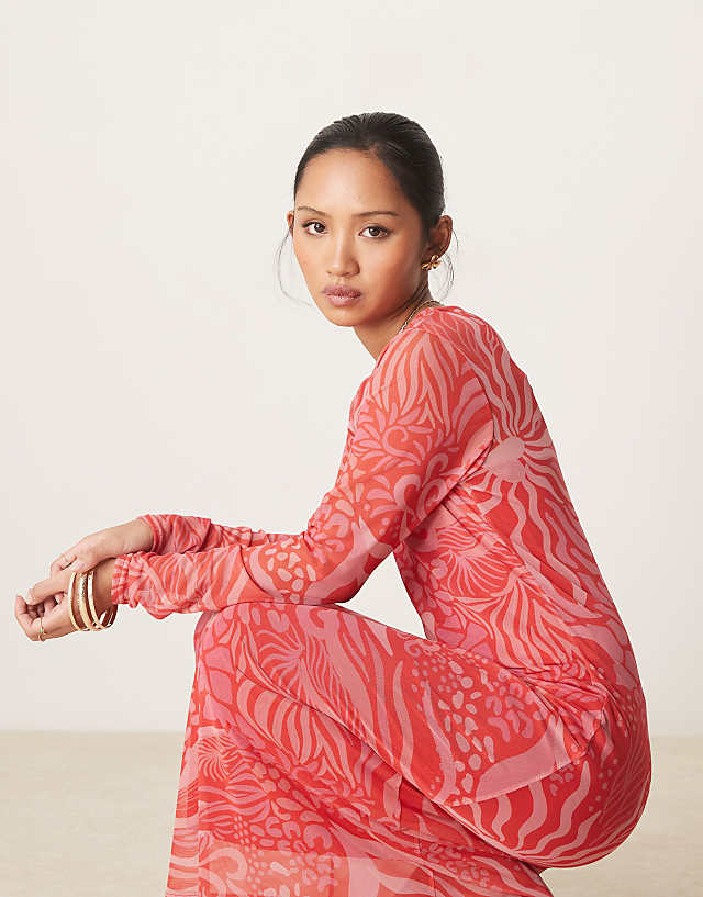 Never Fully Dressed Petite Long Sleeve Mesh Midaxi Dress In Red And Pink