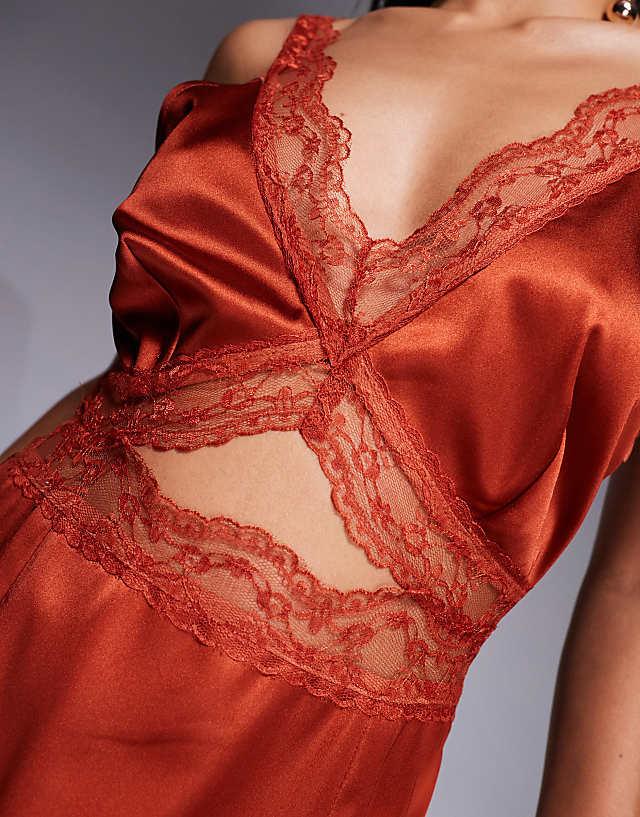Never Fully Dressed Petite Mimi Lace Cut-out Slip Midaxi Dress In Rust