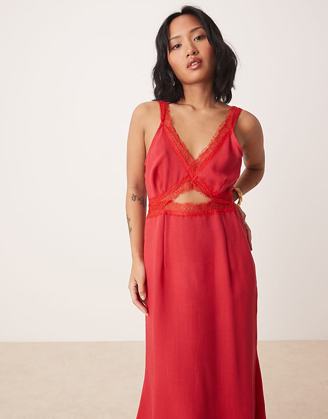 Never Fully Dressed Petite Mimi Linen Cut-out Midaxi Dress In Red