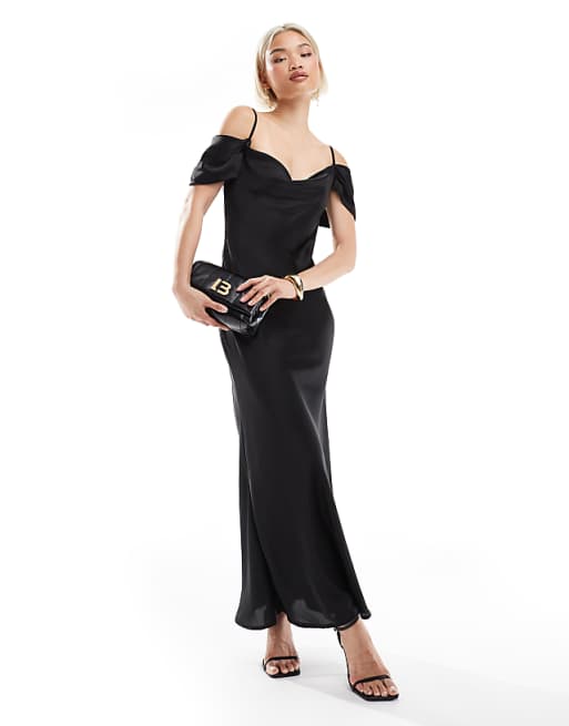 New Look bardot sleeve satin midaxi dress in black
