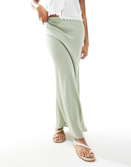 New Look Bias Linen Blend Maxi Skirt In Light Green