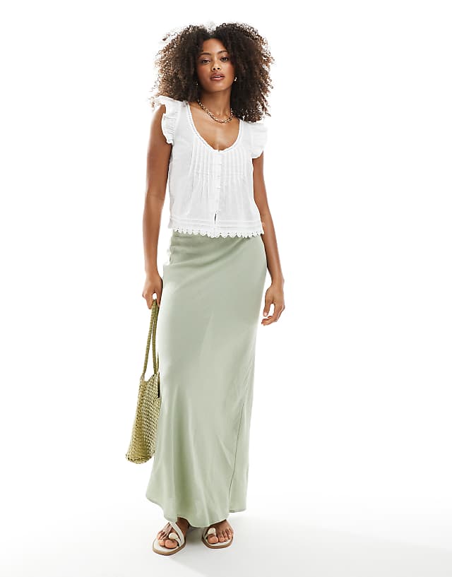 New Look bias linen blend maxi skirt in light green