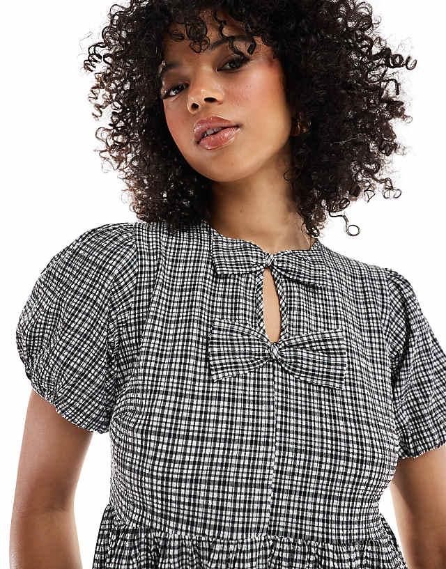 New Look Bow Front Smock Dress In Gingham Print