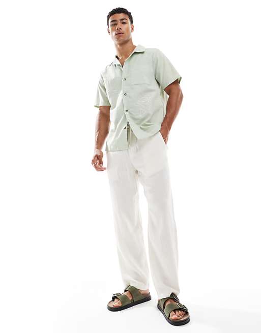 New Look Leaf Embroidered Linen Blend Revere Shirt In Sage Green