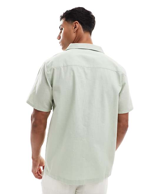 New Look Leaf Embroidered Linen Blend Revere Shirt In Sage Green