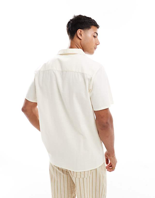 New Look Olive Embroidered Linen-look Revere Shirt In Off White