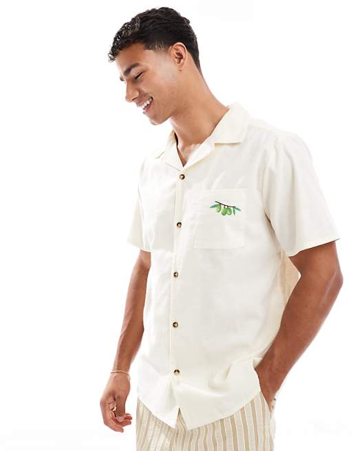 New Look olive embroidered linen-look revere shirt in off white