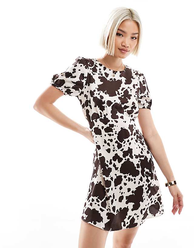 New Look Satin Open Back Mini Dress In Cow Print