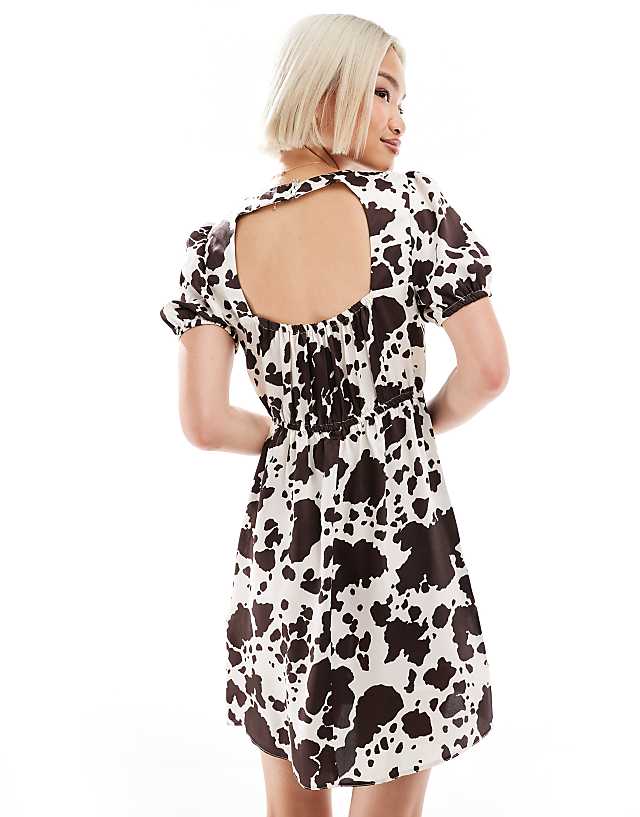 New Look Satin Open Back Mini Dress In Cow Print