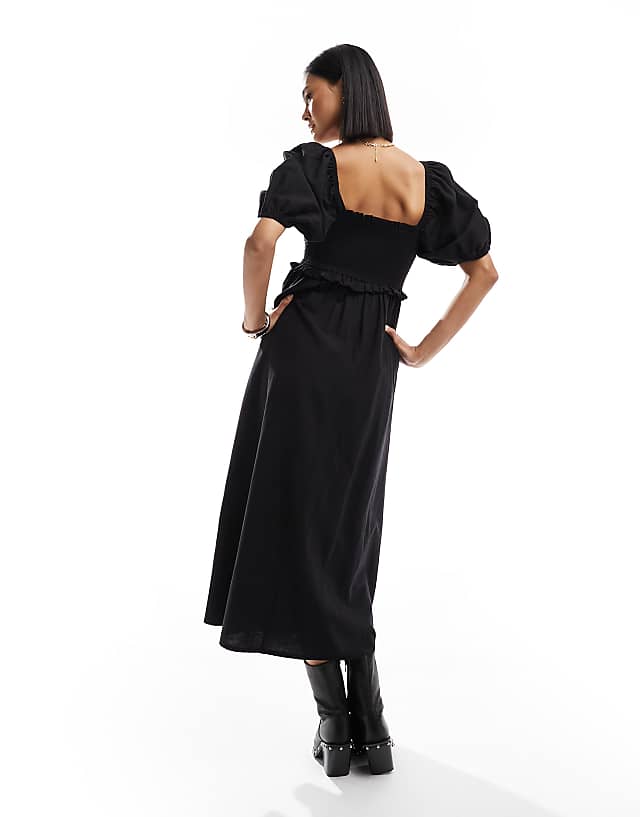 New Look Shirred Puff Sleeve Linen Blend Midi Dress In Black