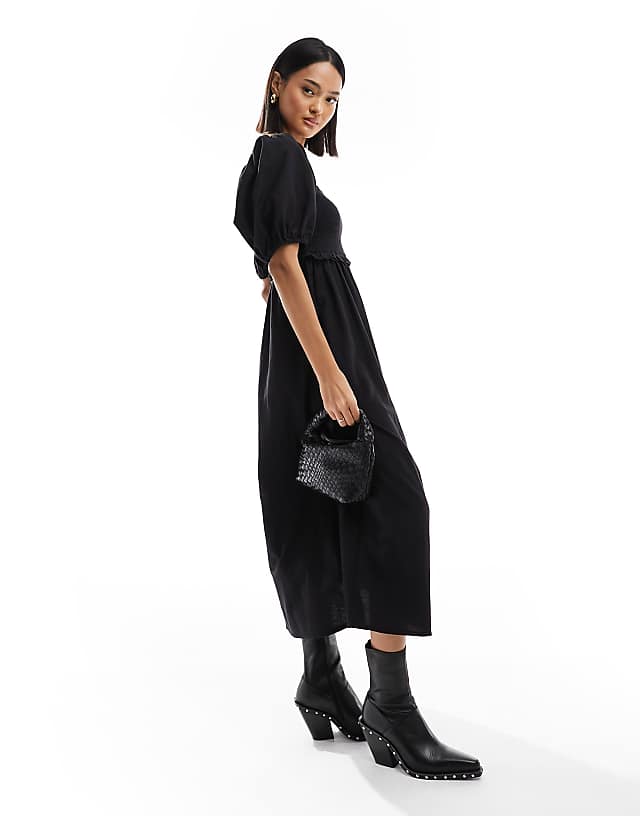 New Look Shirred Puff Sleeve Linen Blend Midi Dress In Black