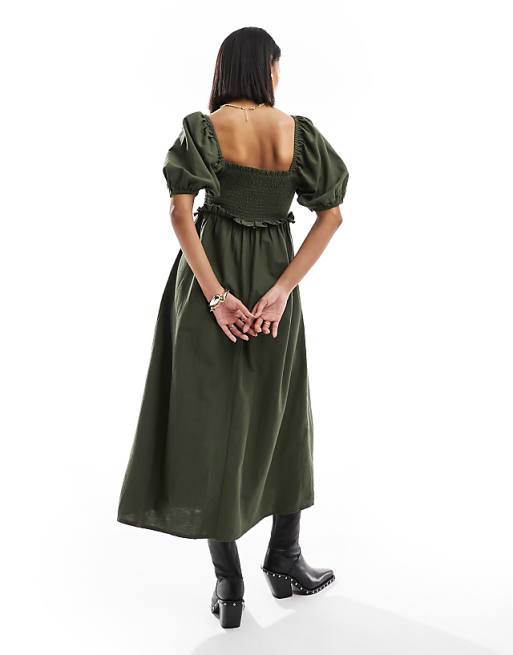 New Look Shirred Puff Sleeve Linen Blend Midi Dress In Khaki