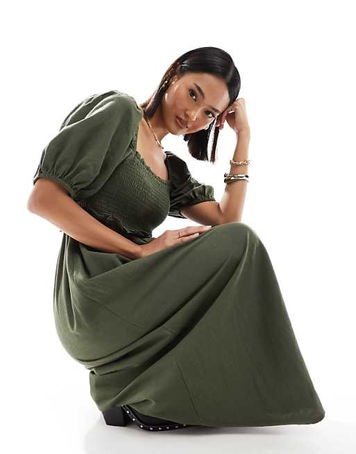 New Look Shirred Puff Sleeve Linen Blend Midi Dress In Khaki