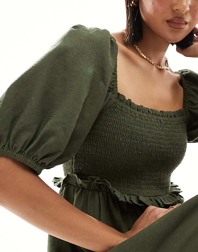 New Look Shirred Puff Sleeve Linen Blend Midi Dress In Khaki