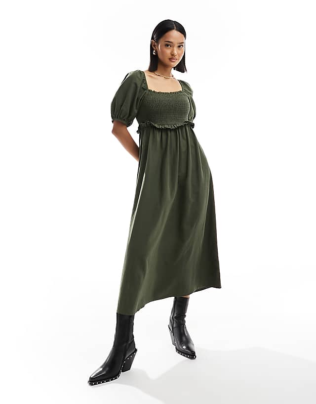 New Look shirred puff sleeve linen blend midi dress in khaki