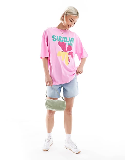 New Look Sicilia Logo Oversized T-shirt In Pink