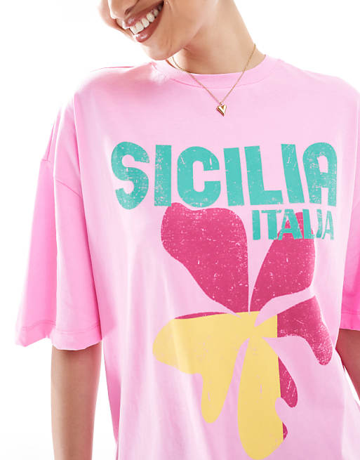 New Look Sicilia Logo Oversized T-shirt In Pink