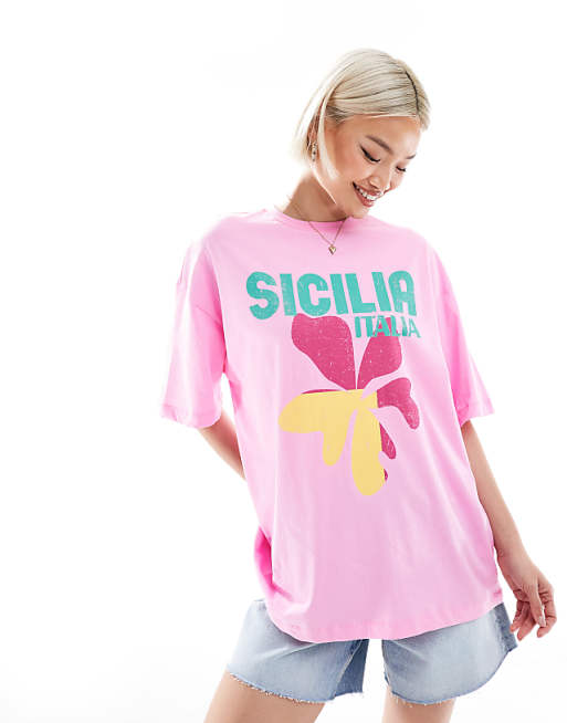 New Look Sicilia logo oversized t-shirt in pink