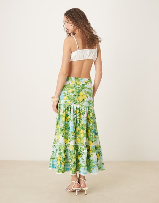 Nobody's Child Summer Tiered Linen Skirt In Lemon Scenic Print