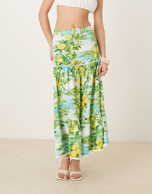 Nobody's Child Summer Tiered Linen Skirt In Lemon Scenic Print