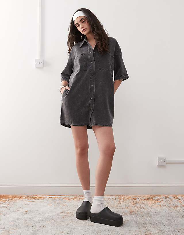 Noisy May Denim Mini Shirt Dress In Washed Grey